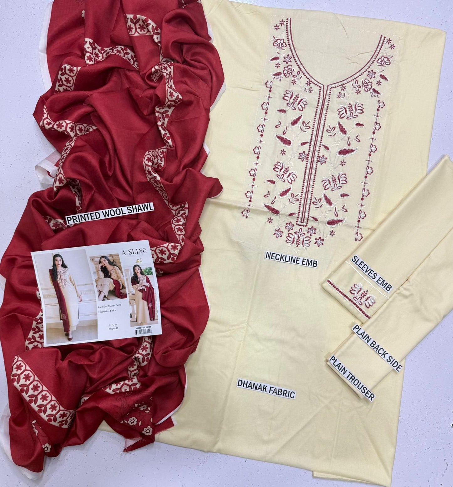 ASLING dhanak embroidered unstitced 3pc