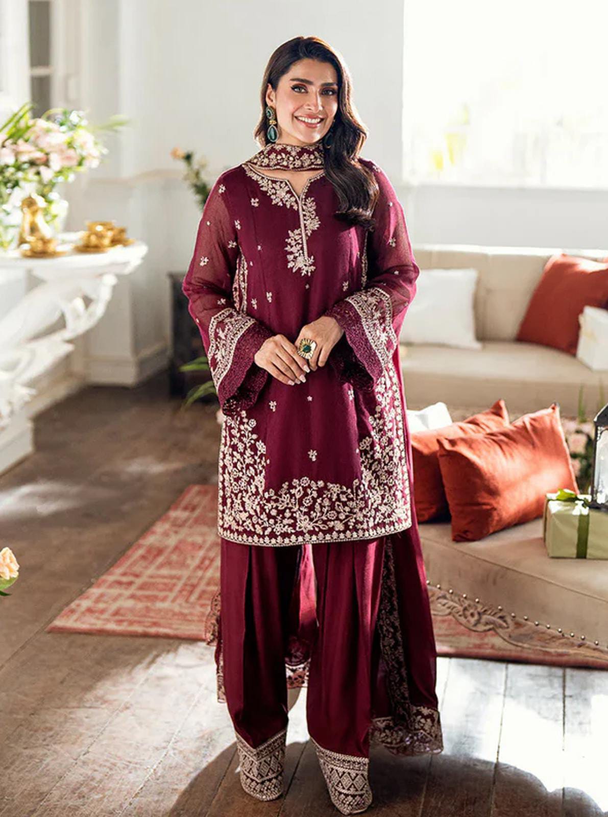 AZURE chiffon thread embroidered &amp; dhanak embroiderd shawl unstitced 3pc